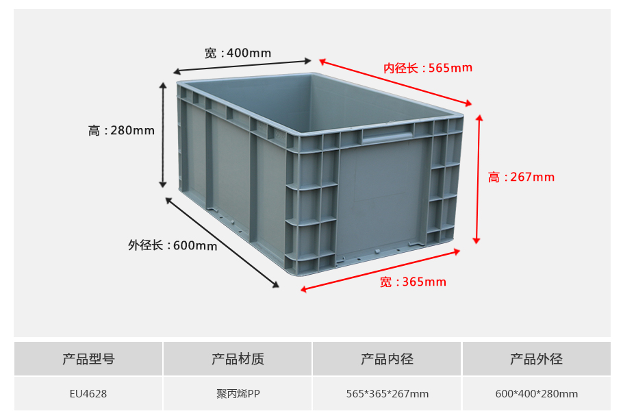 william威廉中文官网EU4628塑料物流箱正面展示，大型特深设计带加强筋