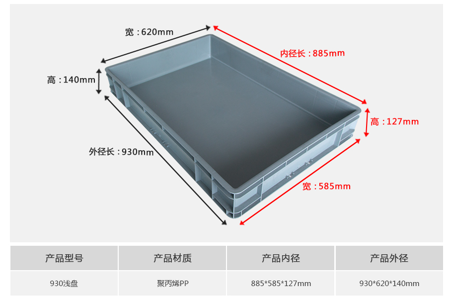 william威廉中文官网930浅盘塑料物流箱正面展示，大型浅盘设计带加强筋