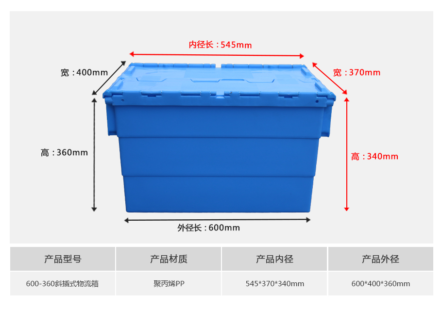william威廉中文官网650-360斜插式塑料物流箱-带盖正面展示