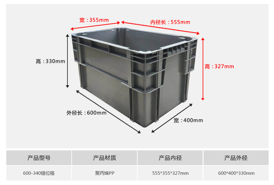 william威廉中文官网600-340错位塑料物流箱-正面展示