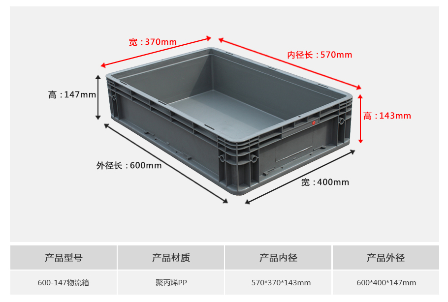 william威廉中文官网600-147塑料物流箱正面展示，常规大底面积偏浅型设计带加强筋