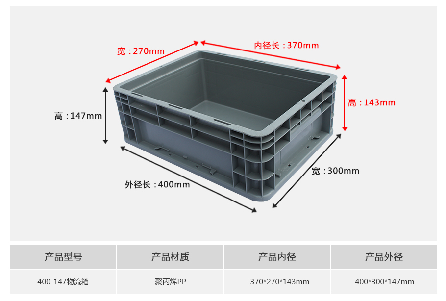 william威廉中文官网400-147塑料物流箱正面展示，常规底面积轻量化设计带加强筋