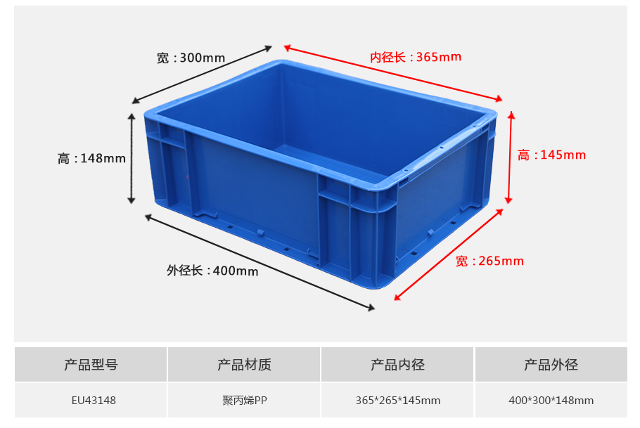 william威廉中文官网EU43148塑料物流箱正面展示，常规底面积轻量化设计带加强筋