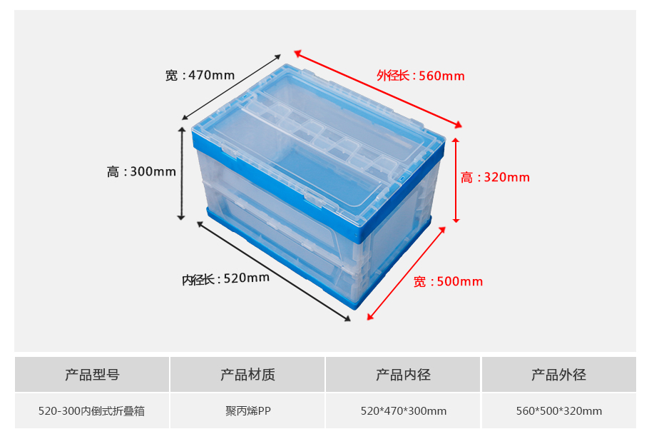 william威廉中文官网520-300塑料内倒式折叠周转箱透明款