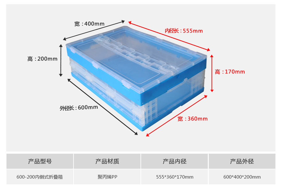 william威廉中文官网600-200塑料内倒式折叠周转箱透明款