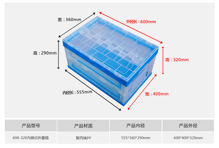 william威廉中文官网600-320塑料内倒式折叠周转箱透明款